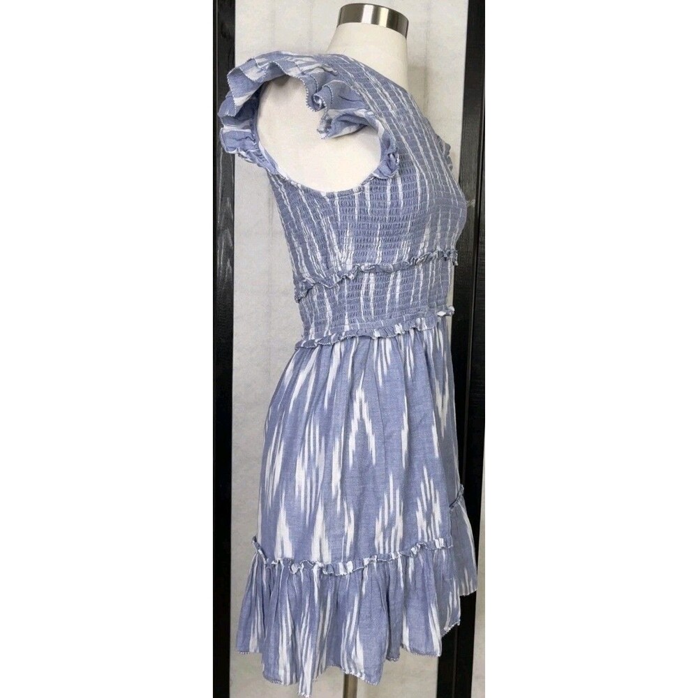 Saylor - Indigo Blue & White Ikat Print Cotton Mini Dress. Size: S